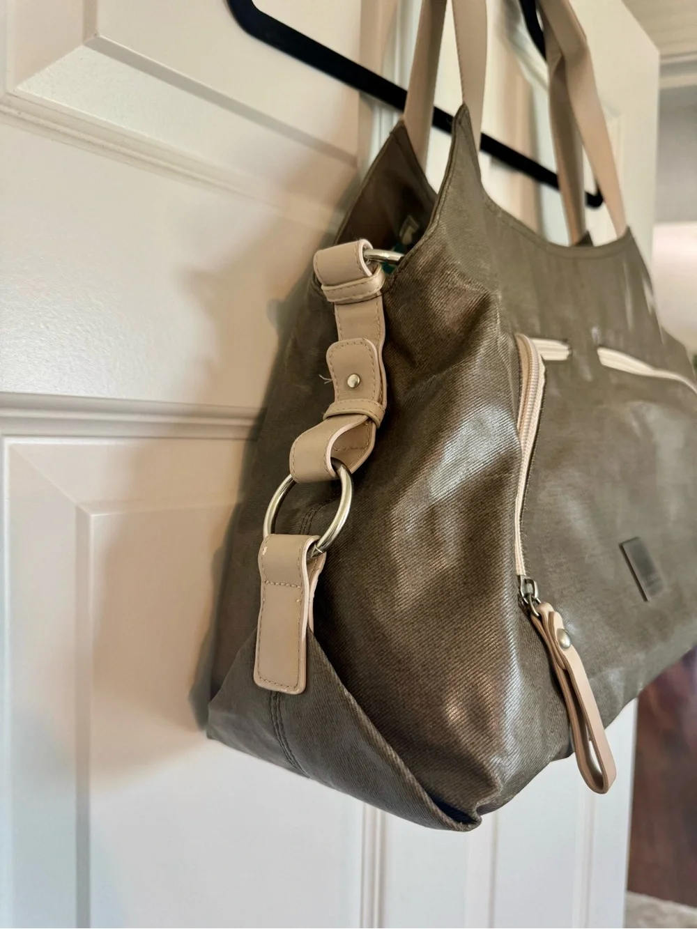 JJ Cole Metallic Taupe Shoulder Diaper Bag with Cream Straps 3 Pc Set